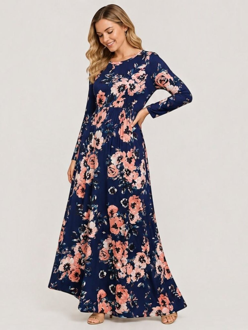 Women's Gathered Waist Navy Floral Print Bohemian Maxi Dress w/Pockets | XS-L - Picture 3 of 9